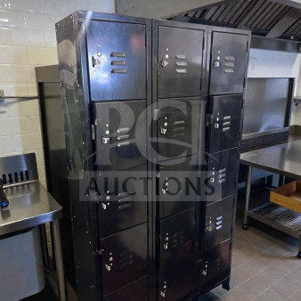 Industrial Steel Locker Cabinet, 12-door, heavy-duty metal, premium condition, by Industrial Steel Fabrication, model OAS-M-LOCK-0506.