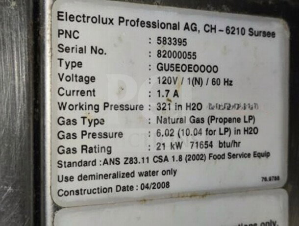 Label on Electrolux Professional CH-6210 GU5EOE0000 showing specifications, including voltage, gas type, and construction date.
