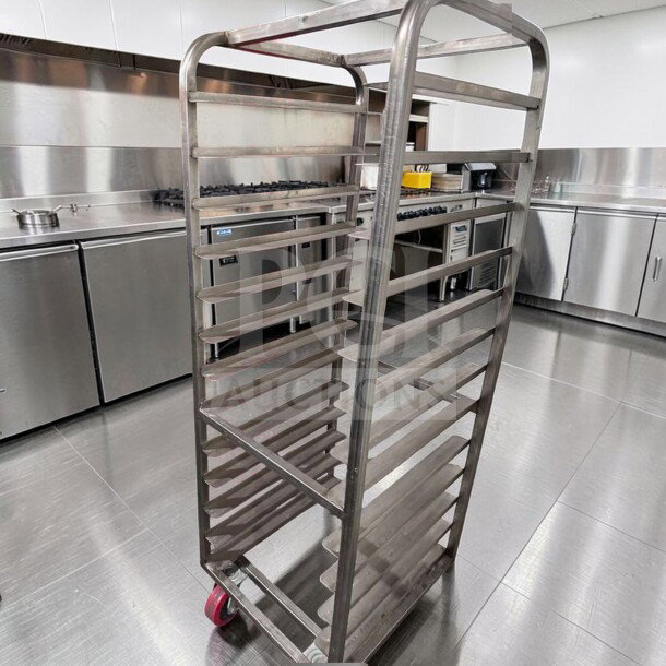Commercial stainless steel bun pan rack, mobile, heavy-duty, excellent condition, fully operational, unbranded model.