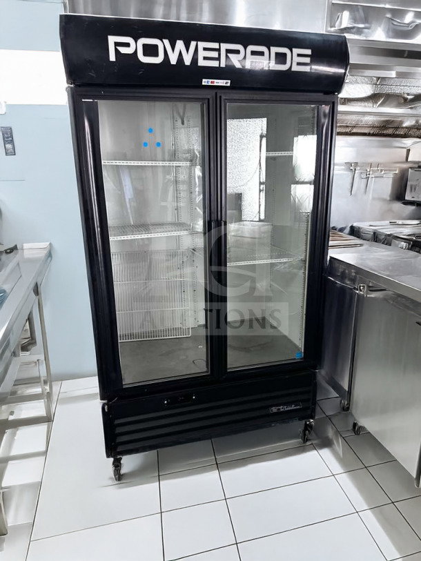 True GDM-43EM commercial glass door merchandiser refrigerator, 2-door display cooler, excellent condition, 115V, tested.