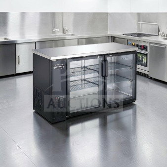 SABA 60” Back Bar Cooler, glass doors, stainless steel, 15.8 Cu. Ft., excellent condition, fully tested and operational.