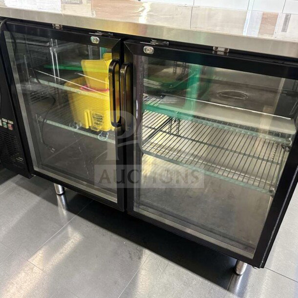 SABA 60" commercial back bar cooler refrigerator with glass doors, 15.8 cu. ft., stainless steel, fully operational, superior condition.