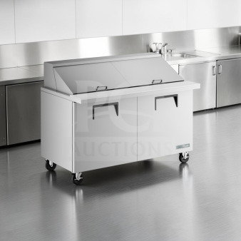 Elite condition True TSSU-60-24M-B-ST-HC Mega Top refrigerated sandwich prep table, 60-inch, stainless steel, two-door, fully operational.