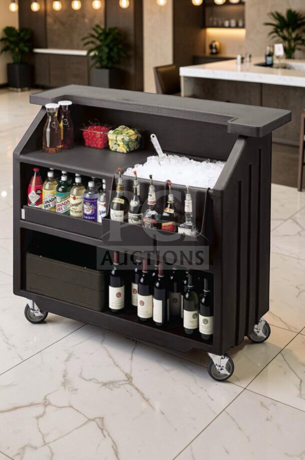 Black Cambro BAR540110 Cambar® 55” portable bar with ice bin, bottles, and wheels in top-tier condition, fully operational.