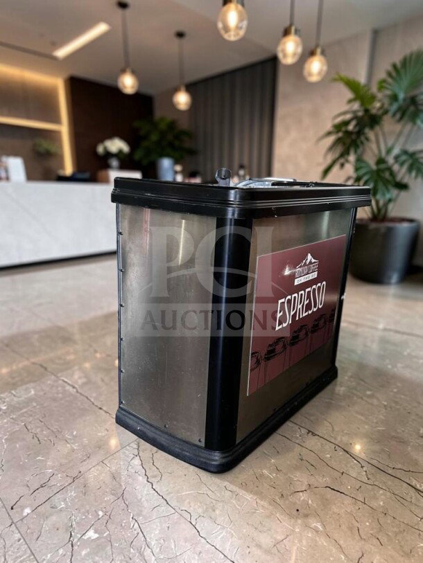 Cambro BAR540110 Cambar® portable bar, black, 55 inches, with ice bin. Commercial beverage station, fully tested. Espresso sign displayed.
