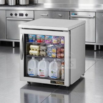 True TUC-27G-HC undercounter glass door refrigerator, 27" stainless steel, superior condition, fully tested.