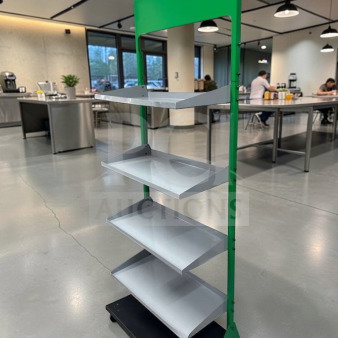 Prime condition 4-tier gondola display shelf, commercial grade, heavy-duty construction, inspected and ready for use.