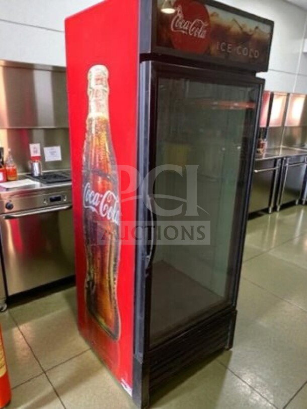 True GDM-26-HC-TSL01 glass door merchandiser refrigerator, red Coca-Cola branding, UL Listed, premium condition, 115V.