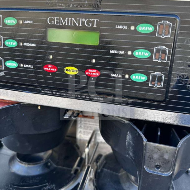 Wilbur Curtis GEMTS10A1000 Gemini coffee brewer, 1.5 gal, 220V, control panel showing brew settings, excellent condition.