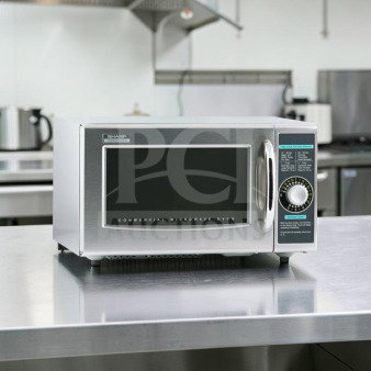Sharp R-21LCFS commercial microwave oven, stainless steel, 1000W, dial control, excellent condition, fully tested operational.