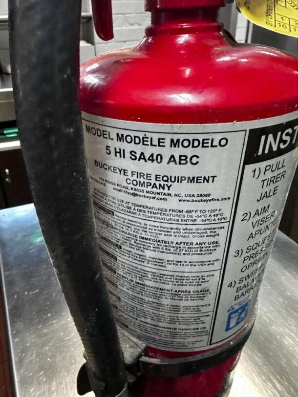 Buckeye Fire 5 HI SA40 ABC dry chemical extinguisher, UL listed, inspected, operational, detailed label visible.