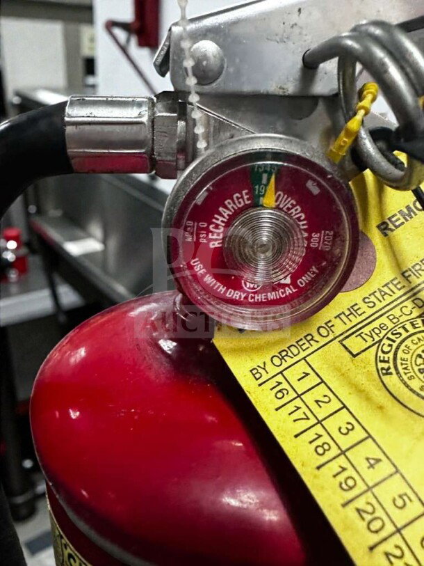 Buckeye Fire 5 HI SA40 ABC commercial dry chemical extinguisher, UL listed, inspected, operational, with pressure gauge and tags visible.