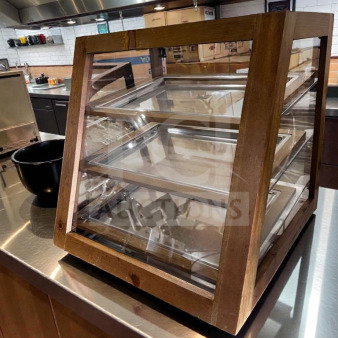 2-tier wooden countertop pastry display case, glass panels, excellent condition, model WDC-S-DSP-0988, fully tested.