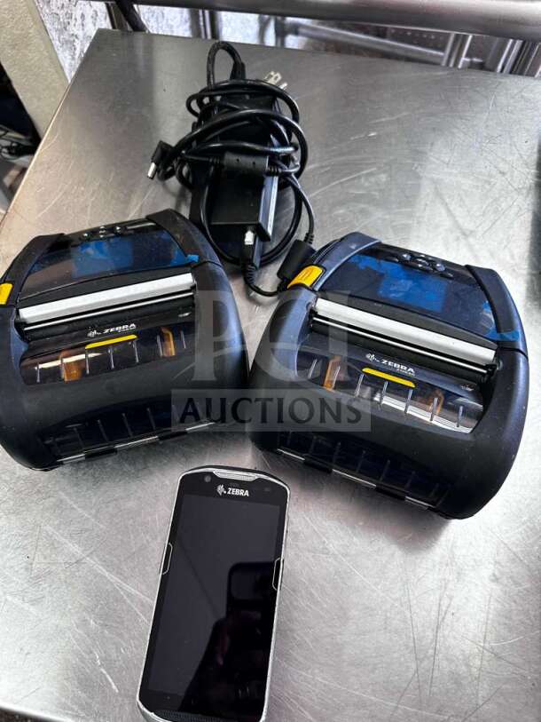 Zebra ZQ630 mobile thermal label printer system, dual printer package, elite condition, includes chargers and Zebra device.