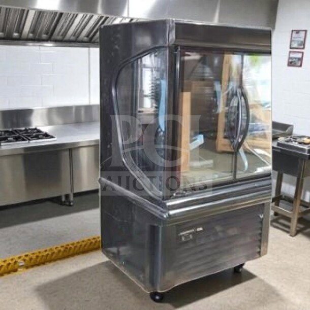Hussmann MD4060DA glass door merchandiser, black finish, flawless condition, 41 5/16", 115V, fully tested, two-section.