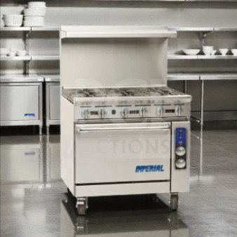 Industrial kitchen setting showcasing an Imperial IR-6-C 36" 6 burner gas range with convection oven. Model labeled IMP-L-RNG-1017.