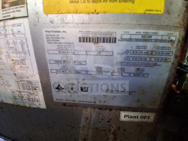 Close-up of a label on Pitco fryer showing model SG14R, 122,000 BTU/hr, NSF certified.