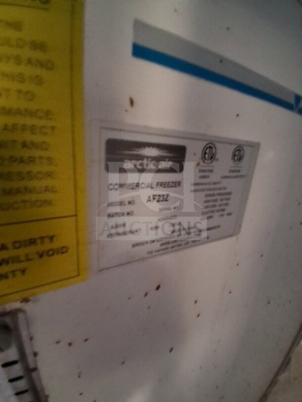 Arctic Air commercial freezer label showing model AF23Z, ETL and NSF certified, inside a 2020 Diamond Cargo mobile kitchen.
