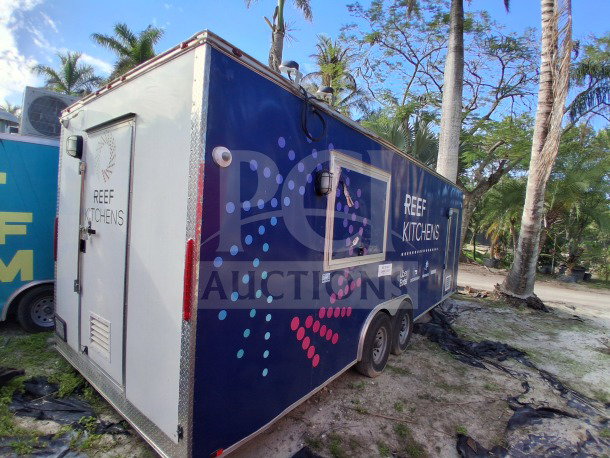 2019 D&A Custom 24ft mobile kitchen trailer with dark blue wrap and "REEF KITCHENS" branding. Includes Avantco fryers, refrigeration suite. VIN: 1D9BE2427KF803015.