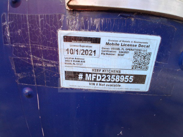 Mobile kitchen license decal on dark blue D&A Custom Food Trailer, VIN not available. License expires 10/1/2021. Location: Miami, FL.