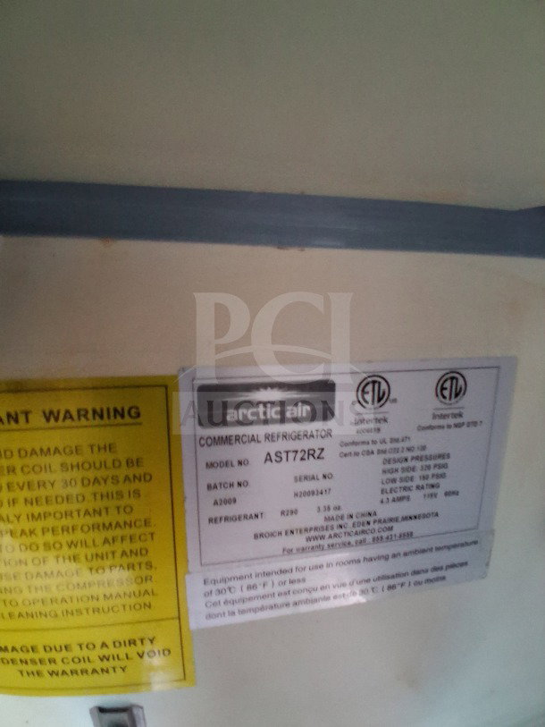 2019 Diamond Cargo 24' mobile kitchen label with Arctic Air model AST72RZ details. Needs deep cleaning.