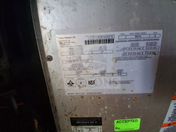 Label on 2019 Diamond Cargo 24' Mobile Kitchen Frymaster equipment, detailing model G19FA032078, with NSF certification.