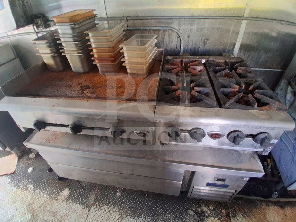 2019 Diamond Cargo 24' mobile kitchen interior with Frymaster stoves. Requires deep cleaning. Pro-series for high-volume service.