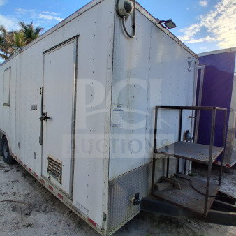 2019 Diamond Cargo 24' mobile kitchen trailer, white exterior, equipped with plumbing, ventilation, and gas lines; requires deep cleaning.