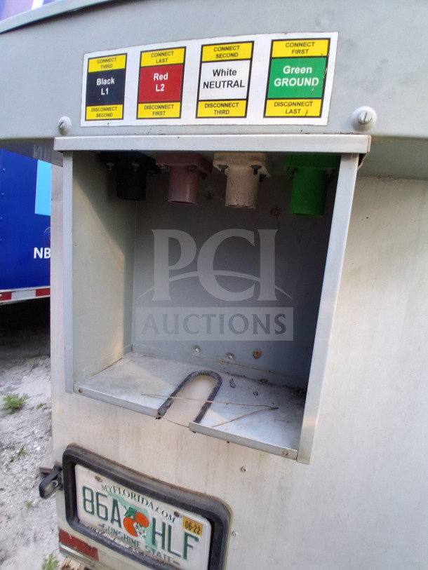 2019 Diamond Cargo mobile kitchen electrical hookup, featuring labeled connections for Black L1, Red L2, White Neutral, and Green Ground. Florida license plate visible.