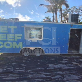 2019 Quality Cargo Food Trailer, blue exterior, large order window, equipped with grease hood, fryers, griddle, cooktop, refrigeration.