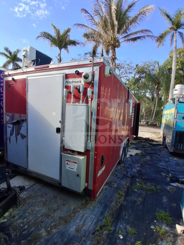 2021 Haulmark 8.5' x 24' dual-axle mobile kitchen trailer, red, commercial exhaust hood, Arctic Air refrigeration, VIN: 7KB1E2426MT000363.