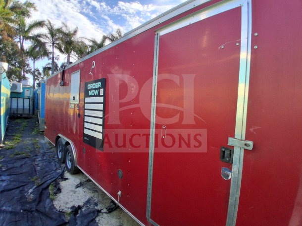 2021 Haulmark 8.5' x 24' dual-axle mobile kitchen trailer, red, with "Order Now" sign, VIN: 7KB1E2426MT000363.