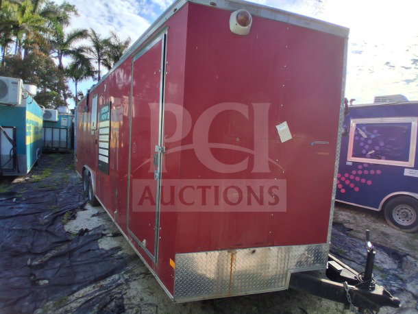 2021 Haulmark 8.5' x 24' Dual-Axle Mobile Kitchen Trailer, red exterior, ready for high-volume food service operations.