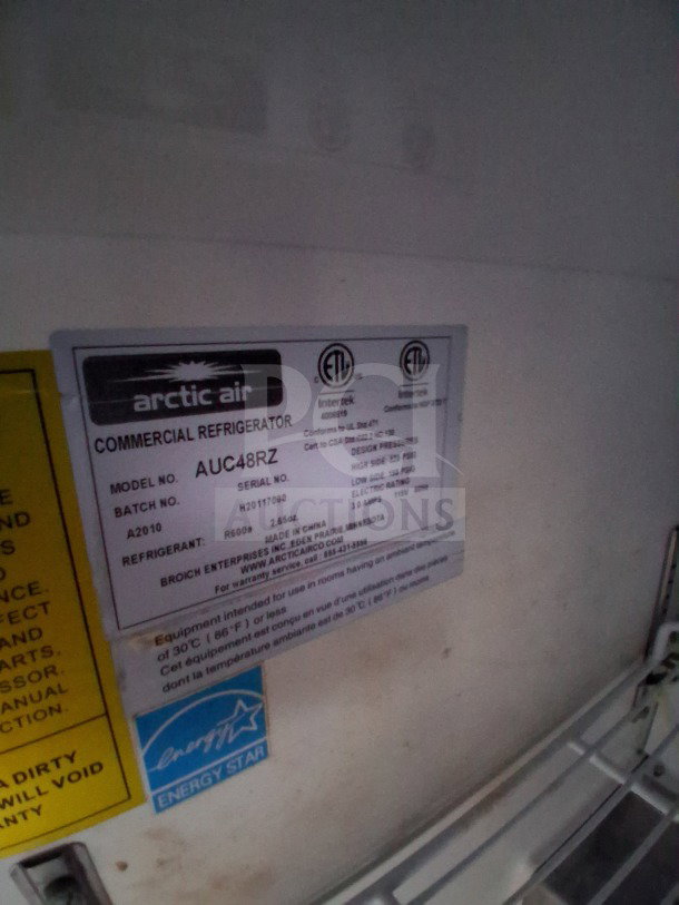 Label on Arctic Air refrigerator model AUC48RZ, showing serial no. H20117098, Energy Star rated, 115V, 2.65 cu. ft. capacity.