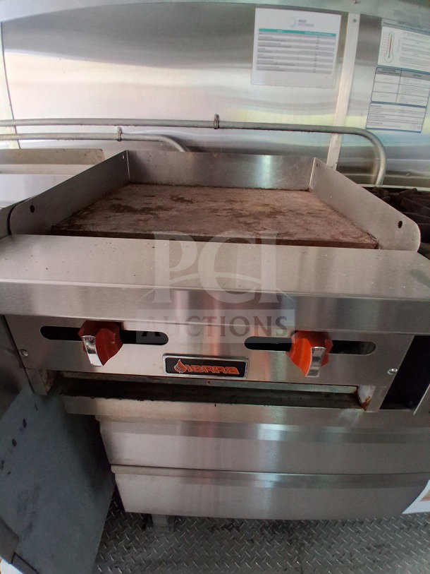 2021 Diamond Cargo 24' Custom Mobile Kitchen interior showing stainless steel equipment, griddle, and Pyro-Chem system.