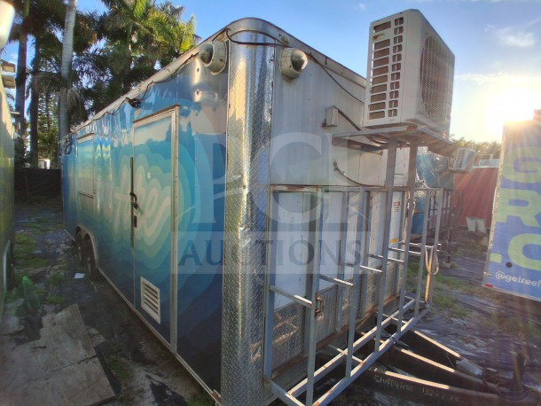 2019 Quality Cargo Food Trailer, blue exterior, equipped with grease hood, dual fryers, griddle, Atosa refrigeration, LOT-110.