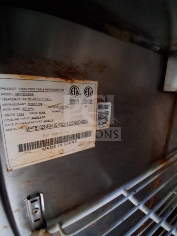 Label inside a 2019 Quality Cargo Food Trailer. Model MPF8202GR, ETL certified, made in China, for indoor use.