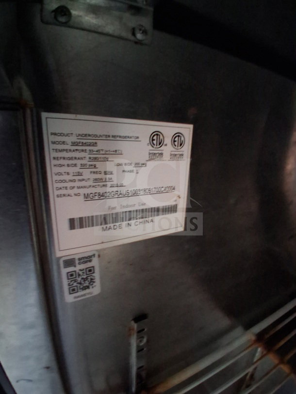 Label on Atosa refrigeration unit in a 2019 Quality Cargo Food Trailer. Indicates model as MGFS820GR, made in China.