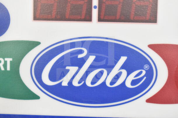 Globe SP40 logo on mixer display, showing brand detail of commercial 40 Qt. planetary floor mixer.