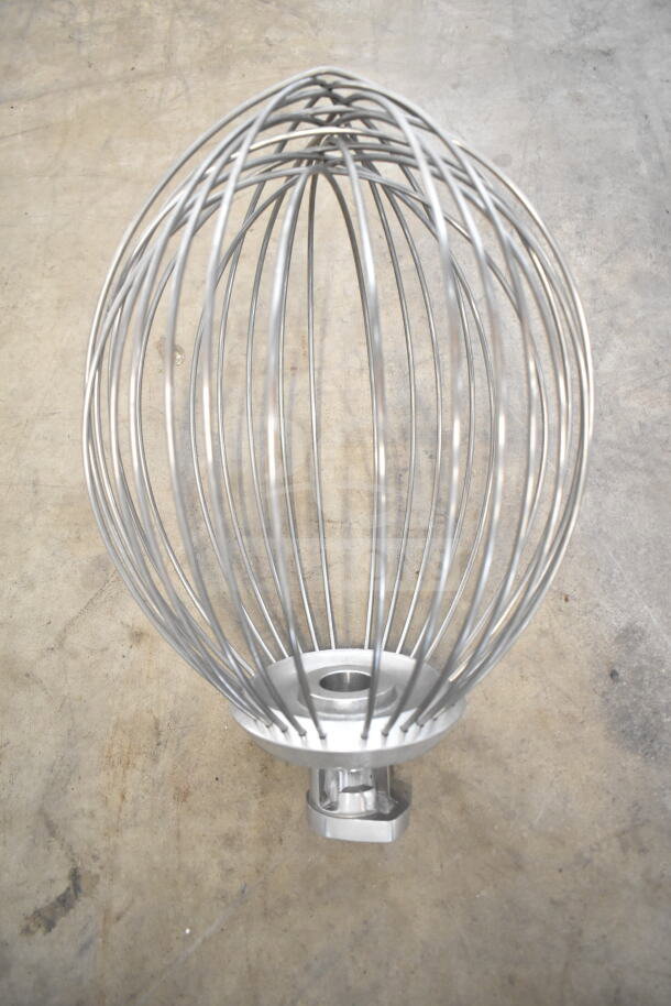 Stainless steel whisk attachment for Globe SP40 mixer, new condition, used for mixing and whipping tasks.