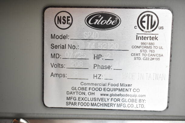 Label on Globe SP40 Commercial Mixer with specs: 208V, 3 Phase, NSF and ETL certified, serial number 7452120, made in Taiwan.
