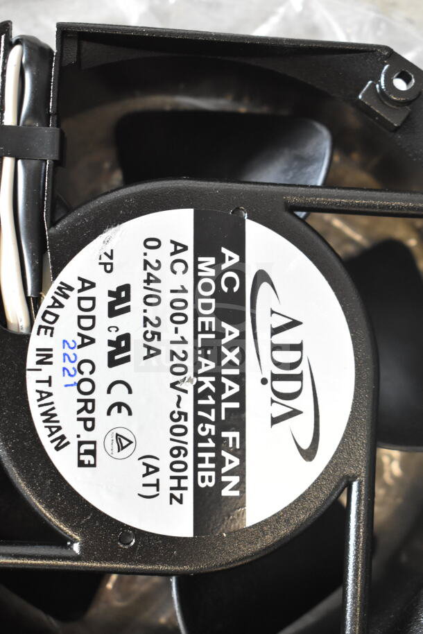 "ADDA AC Axial Fan, Model: AK1751HB, 100-120V, 50/60Hz, 0.24/0.25A, made in Taiwan, visible markings and labels."