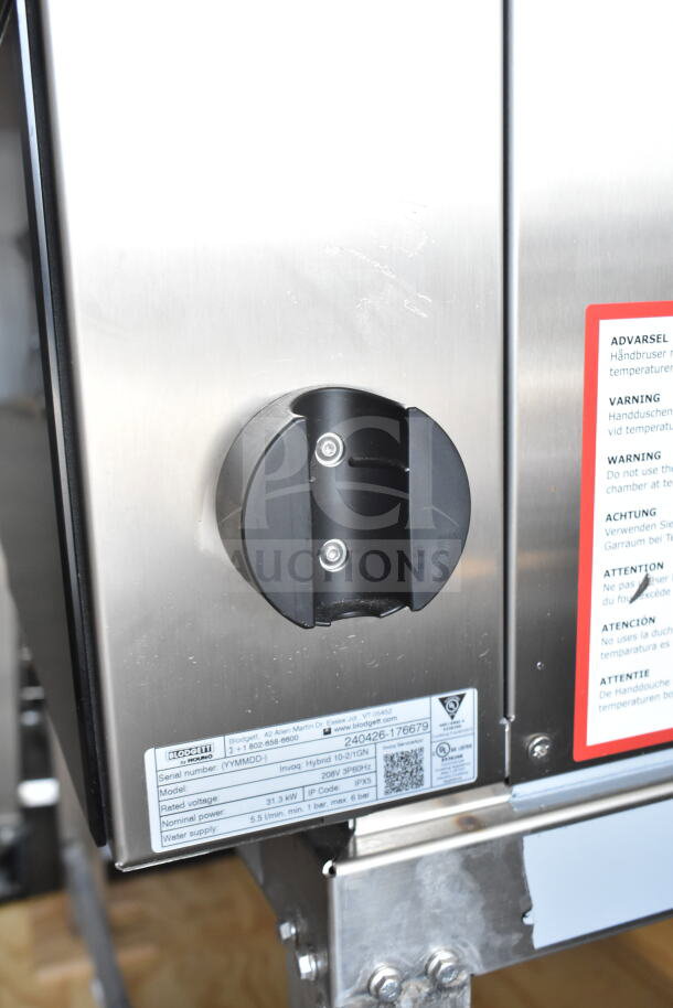 Brand new 2024 Blodgett Invoq Hybrid 10-2/1GN combi oven with ventless Hoodini. Model label and safety warnings visible.
