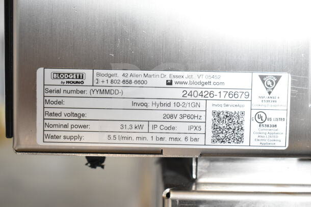 BRAND NEW Blodgett Invoq Hybrid 10-2/1GN Combi Convection Oven with Hoodini Ventless Hood, 208V, 3-Phase. Model label shown.