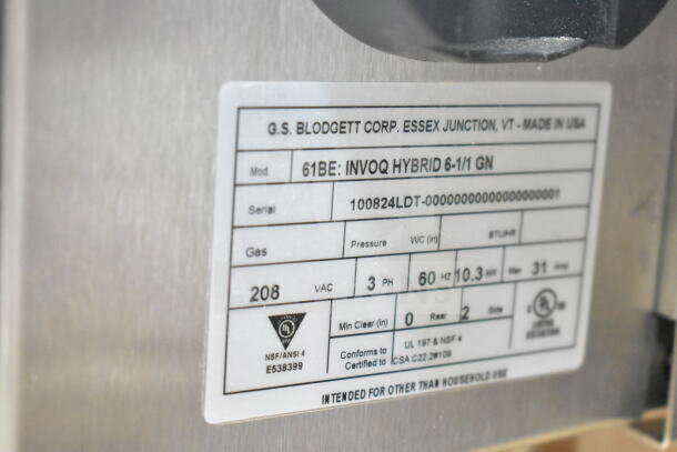 "Label for Blodgett 61BE: INVOQ HYBRID 6-1/1 GN combi oven. Details: 208 VAC, 3 Phase, 60 Hz, 10.3 kW. Scratch and dent condition."