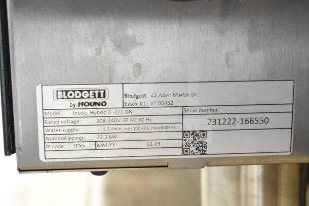 BRAND NEW 2023 Blodgett Invoq Hybrid 6-2/1GN electric combi convection oven, 208-240V, 3 phase, model plate shown.