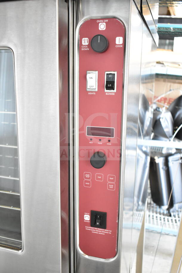 BRAND NEW Blodgett Mark V-100 Convection Oven, electric, 208V, 3-phase, on pan rack with casters, control panel shown.