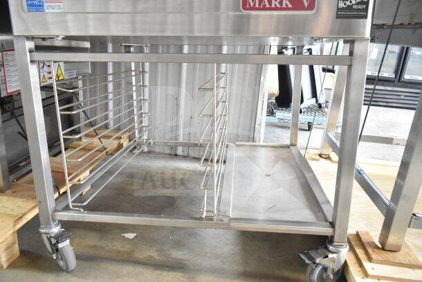 Brand new 2019 Blodgett Mark V-100 convection oven on pan rack with commercial casters, 208V, 3-phase.
