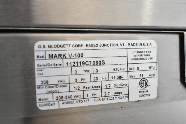 2019 Blodgett Mark V-100 commercial convection oven label, model and serial details, Made in USA, 208V, 3-phase.