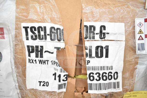 "BRAND NEW" 2026 True TSCI-600R-G-PH cooler label showing model, voltage, and phase details with packaging damage.